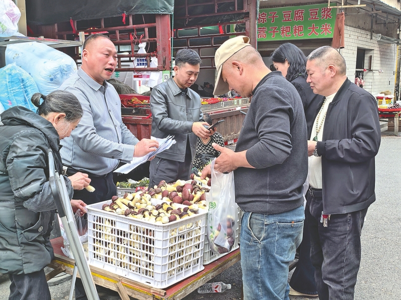 村干部化身推销员,在赫山区朝阳市场售卖松茸。